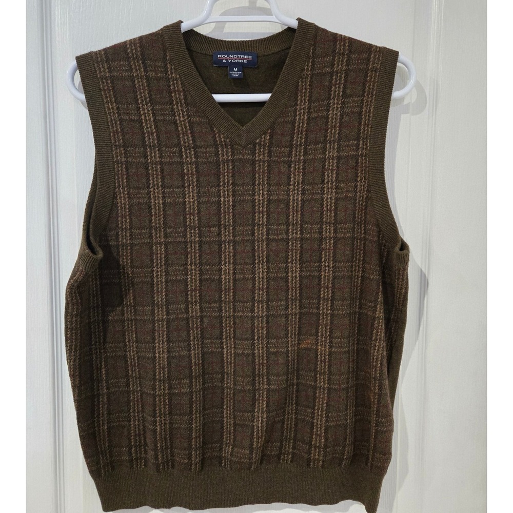 Roundtree & Yorke Sweater Vest Mens M Brown Plaid V-Neck Cotton Knit